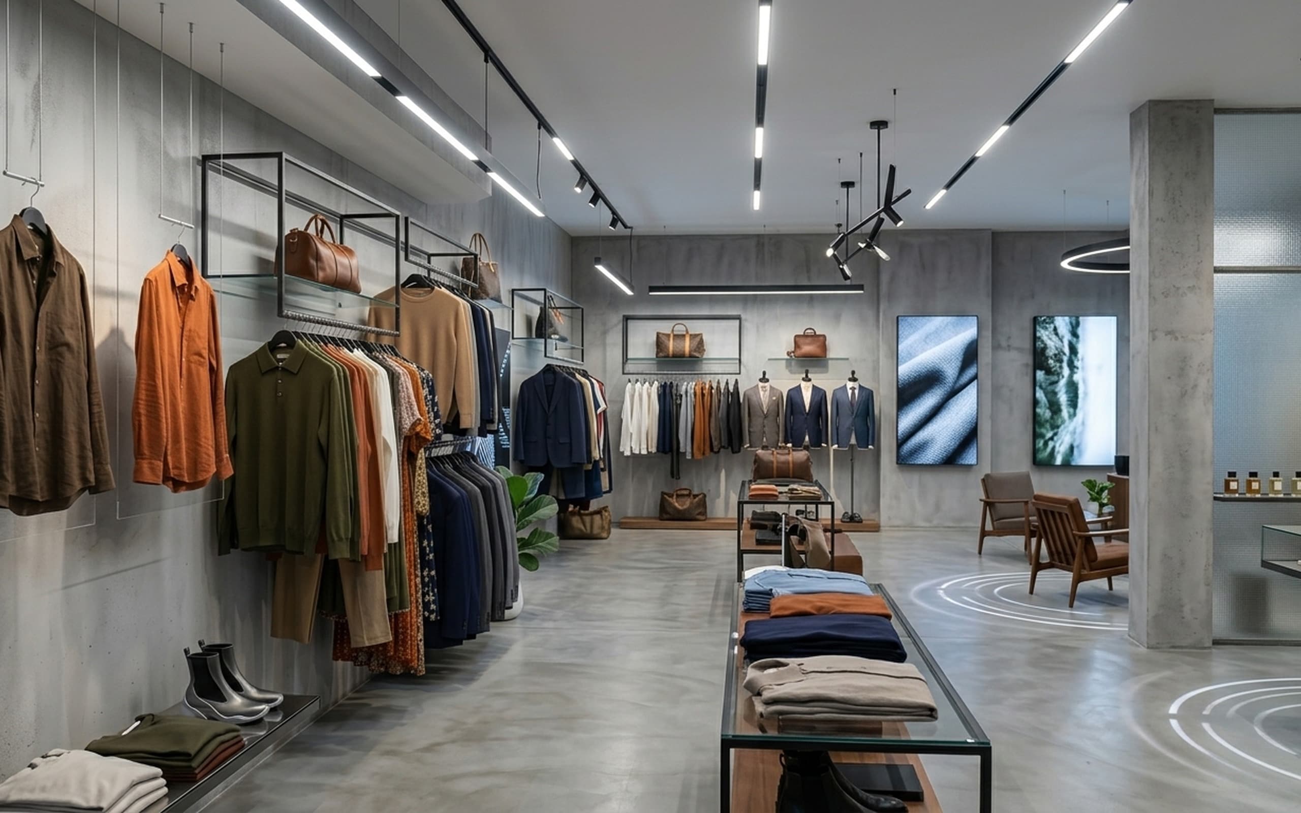 Curated racks and shelves of imported brand-name clothing inside a boutique